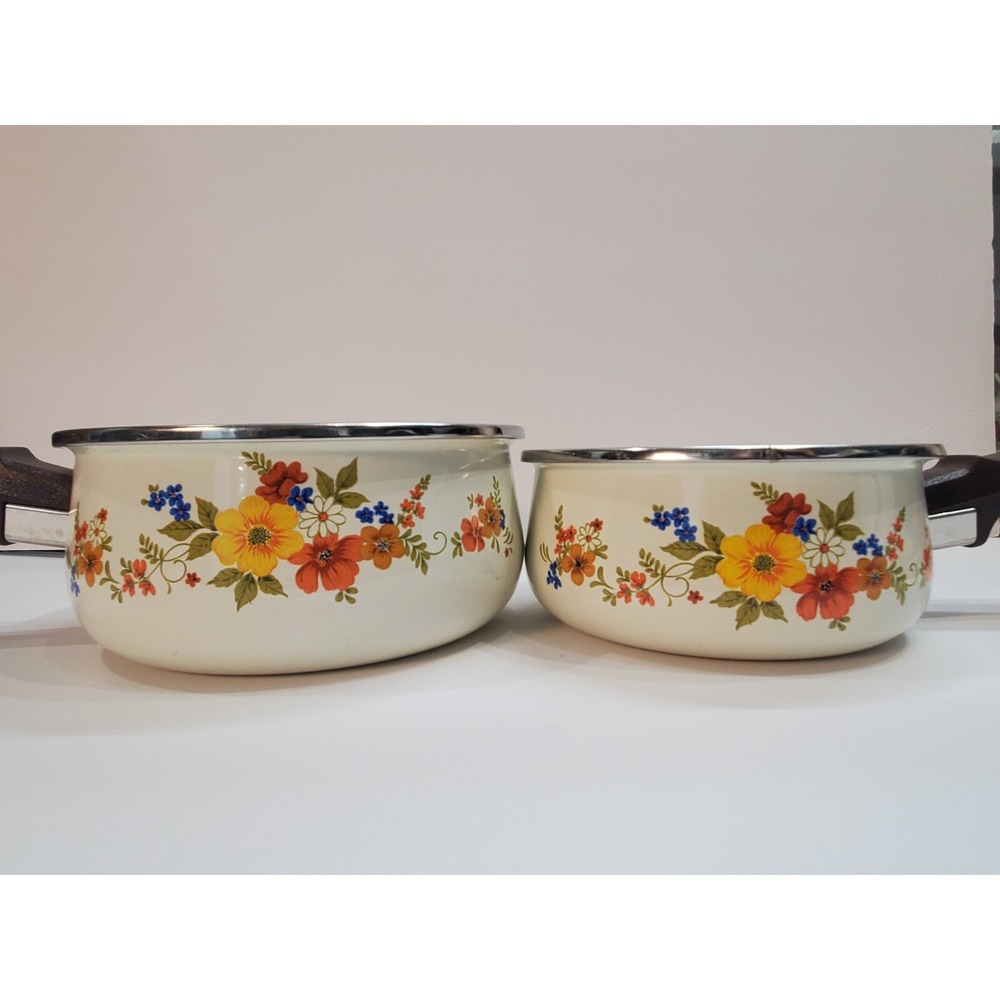 Vintage Enamelware Pots JPM Sweet‎ Flower 80s  Made In Spain Excellent